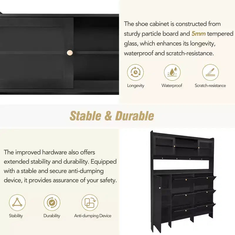Meuble à chaussures multifonctionnel avec seau basculant, armoire de rangement pour entrée, organisateur de porte-chaussures avec 6 tiroirs rabattables et 4 crochets, blanc/noir-ModernLuxe