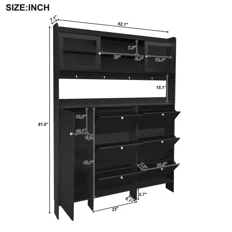 Meuble à chaussures multifonctionnel avec seau basculant, armoire de rangement pour entrée, organisateur de porte-chaussures avec 6 tiroirs rabattables et 4 crochets, blanc/noir-ModernLuxe