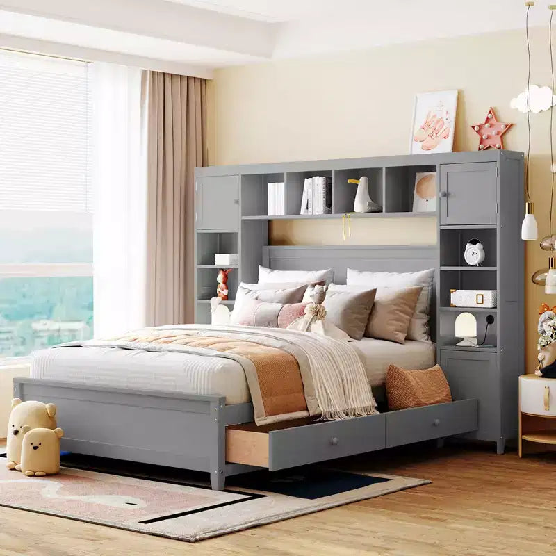 Lit en bois pleine grandeur CLIHOME avec meuble tout-en-un et 10 étagères