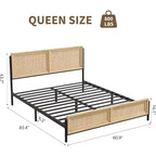 Cadre de lit Queen/Grand lit avec tête et pied de lit en rotin naturel, sommier tapissier non requis