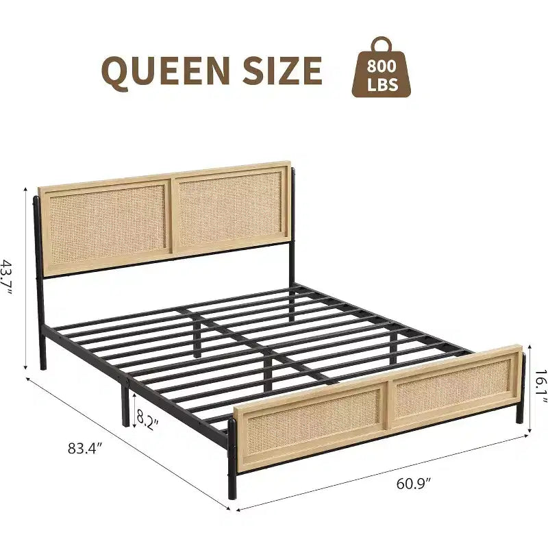Cadre de lit Queen/Grand lit avec tête et pied de lit en rotin naturel, sommier tapissier non requis