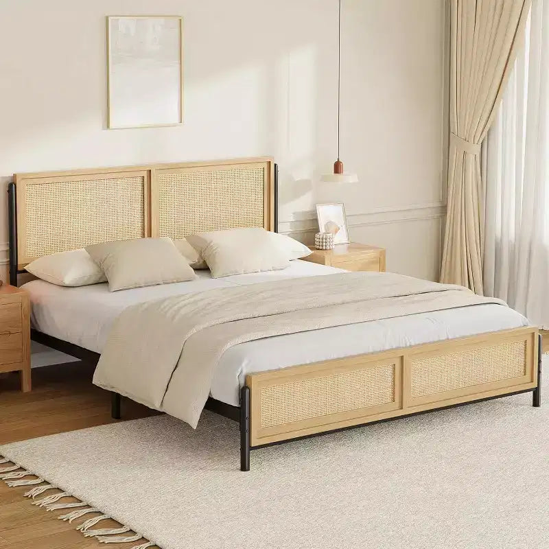 Queen/Full Size Bed Frame w/Natural Rattan Headboard and Footboard No Box Spring Needed
