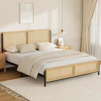 Queen/Full Size Bed Frame w/Natural Rattan Headboard and Footboard No Box Spring Needed