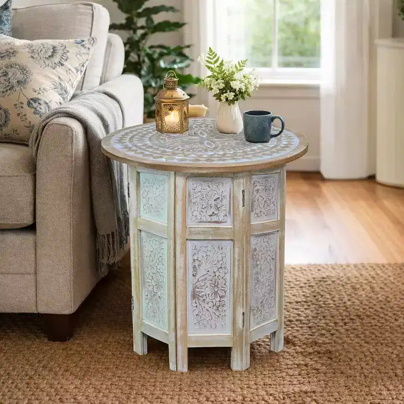 Royal Hampton 18 Inch Accent Side Table with Hand Carved Inlay Mandala Design and Mango Wood Round Top