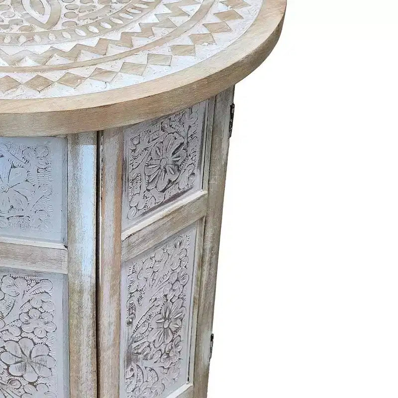Table d'appoint Royal Hampton de 45 cm avec incrustation sculptée à la main, motif mandala et plateau rond en bois de manguier