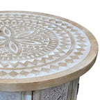 Table d'appoint Royal Hampton de 45 cm avec incrustation sculptée à la main, motif mandala et plateau rond en bois de manguier