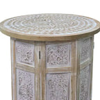 Table d'appoint Royal Hampton de 45 cm avec incrustation sculptée à la main, motif mandala et plateau rond en bois de manguier