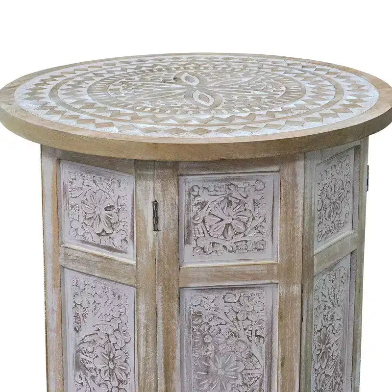 Table d'appoint Royal Hampton de 45 cm avec incrustation sculptée à la main, motif mandala et plateau rond en bois de manguier