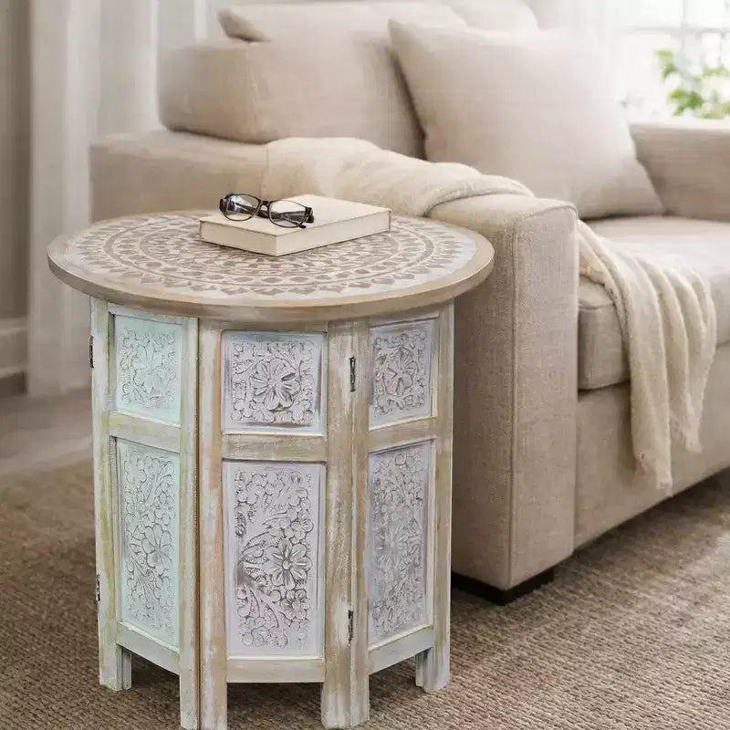 Table d'appoint Royal Hampton de 45 cm avec incrustation sculptée à la main, motif mandala et plateau rond en bois de manguier
