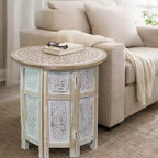 Table d'appoint Royal Hampton de 45 cm avec incrustation sculptée à la main, motif mandala et plateau rond en bois de manguier