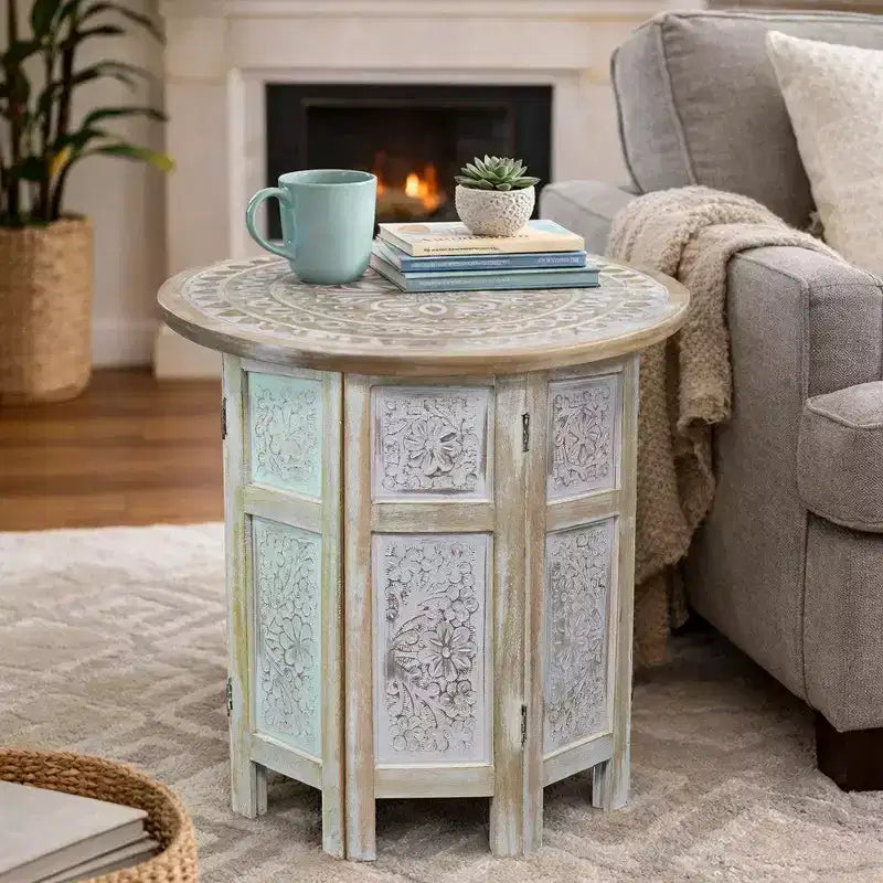Table d'appoint Royal Hampton de 45 cm avec incrustation sculptée à la main, motif mandala et plateau rond en bois de manguier
