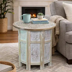 Table d'appoint Royal Hampton de 45 cm avec incrustation sculptée à la main, motif mandala et plateau rond en bois de manguier