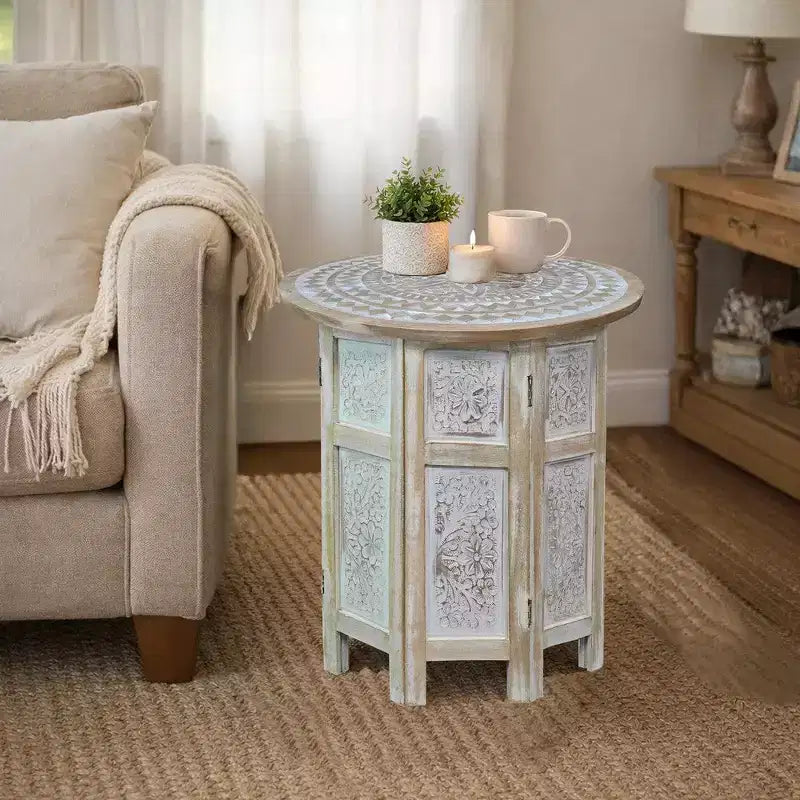 Table d'appoint Royal Hampton de 45 cm avec incrustation sculptée à la main, motif mandala et plateau rond en bois de manguier