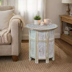 Table d'appoint Royal Hampton de 45 cm avec incrustation sculptée à la main, motif mandala et plateau rond en bois de manguier