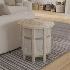 Table d'appoint Royal Hampton de 45 cm avec incrustation sculptée à la main, motif mandala et plateau rond en bois de manguier