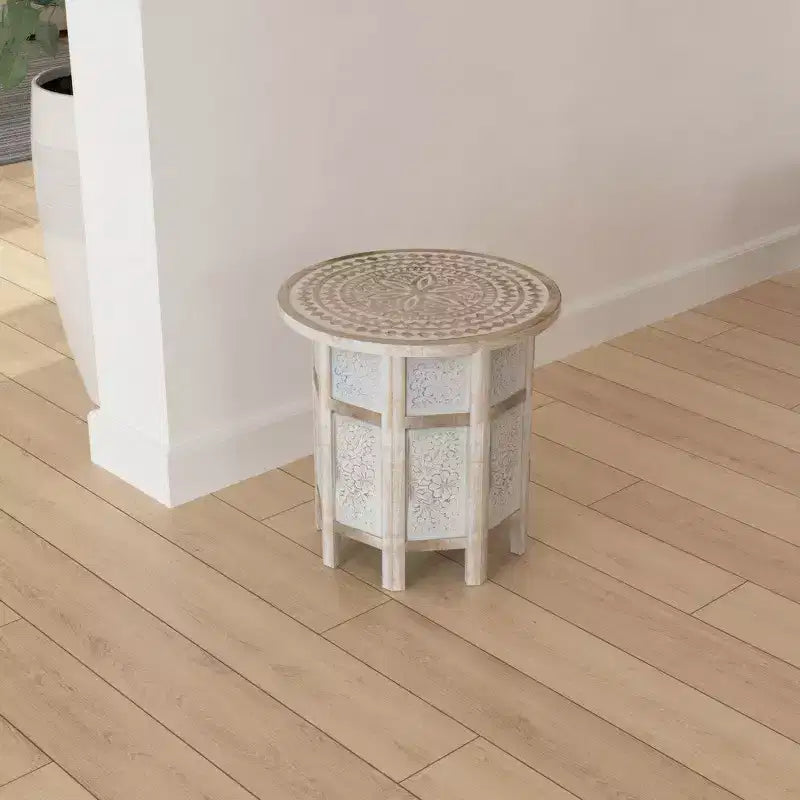 Table d'appoint Royal Hampton de 45 cm avec incrustation sculptée à la main, motif mandala et plateau rond en bois de manguier