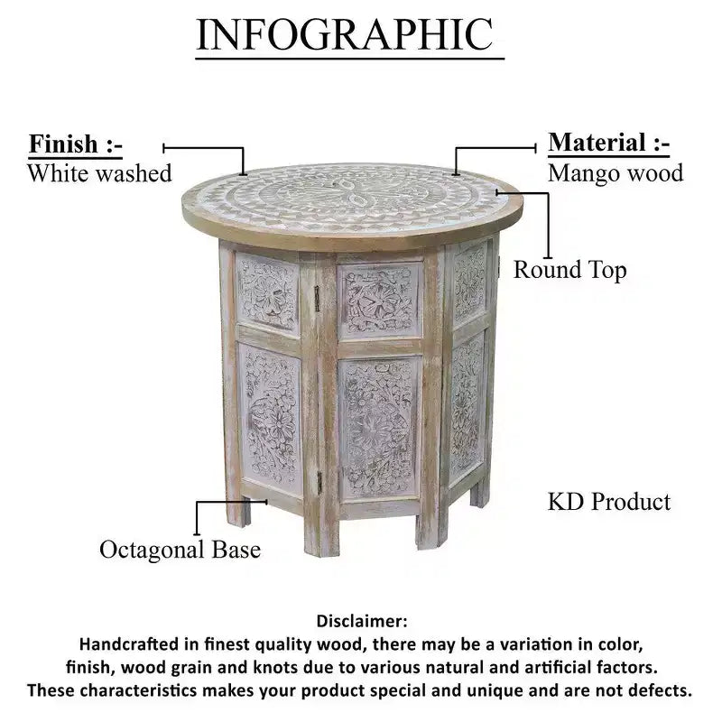 Table d'appoint Royal Hampton de 45 cm avec incrustation sculptée à la main, motif mandala et plateau rond en bois de manguier