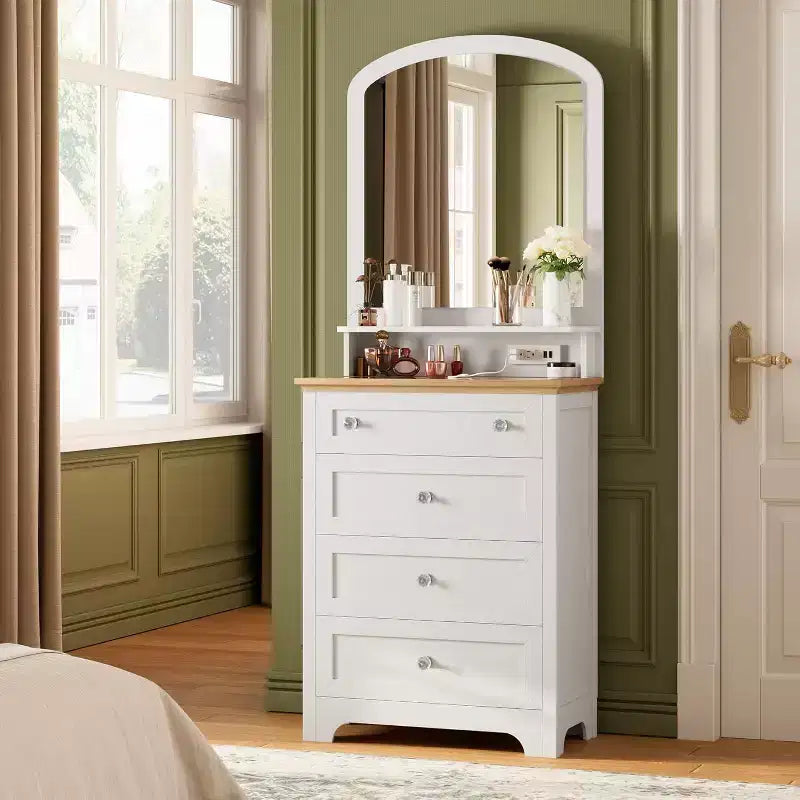White Drawer Dresser with Mirror - Charge Station and LED Strip, 4 Drawer Cabinet with Cristal Knobs, Modern Makeup Vanity Table for Bedroom