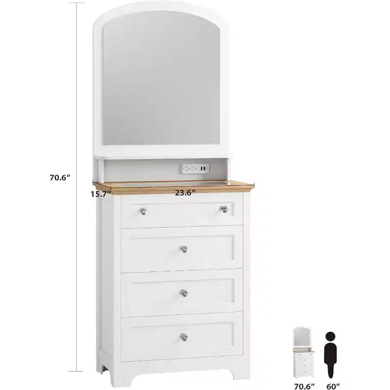 Commode blanche avec miroir - Station de charge et bande LED, meuble à 4 tiroirs avec poignées en cristal, coiffeuse moderne pour chambre à coucher