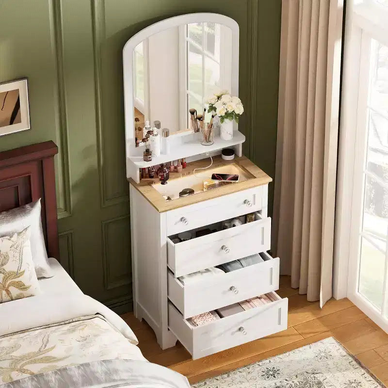 Commode blanche avec miroir - Station de charge et bande LED, meuble à 4 tiroirs avec poignées en cristal, coiffeuse moderne pour chambre à coucher