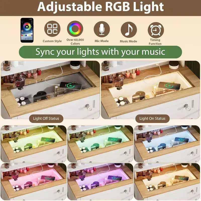 Commode blanche avec miroir - Station de charge et bande LED, meuble à 4 tiroirs avec poignées en cristal, coiffeuse moderne pour chambre à coucher