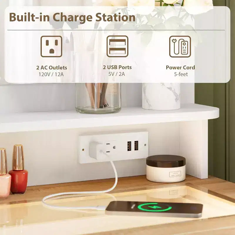 Commode blanche avec miroir - Station de charge et bande LED, meuble à 4 tiroirs avec poignées en cristal, coiffeuse moderne pour chambre à coucher
