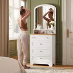 Commode blanche avec miroir - Station de charge et bande LED, meuble à 4 tiroirs avec poignées en cristal, coiffeuse moderne pour chambre à coucher