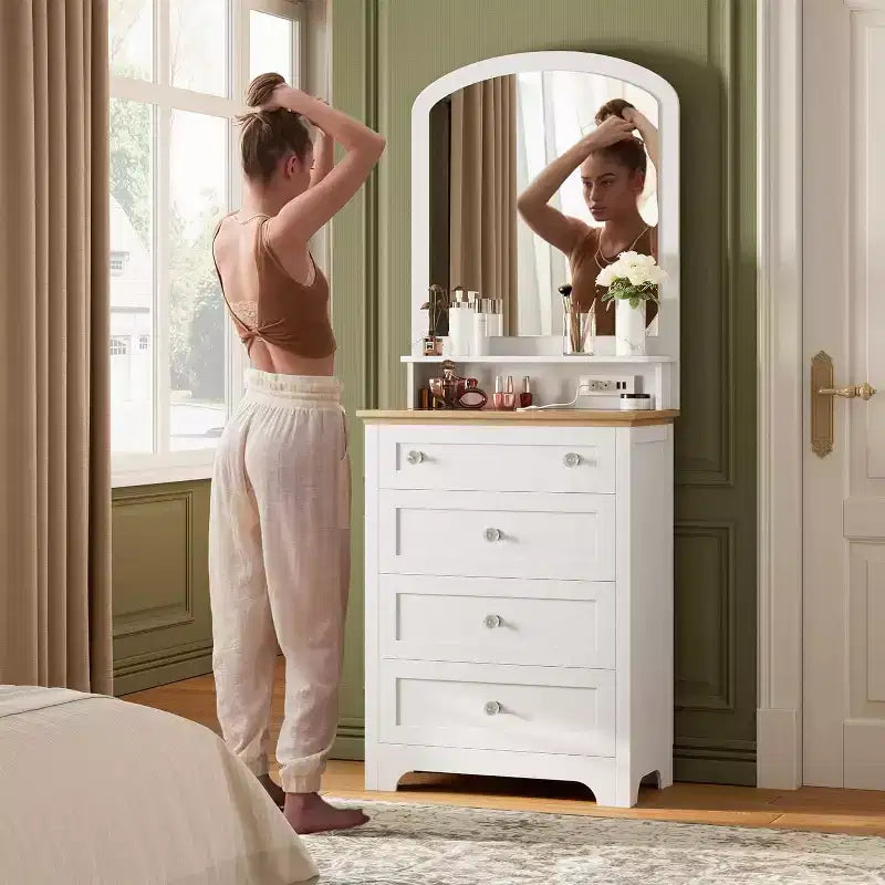 Commode blanche avec miroir - Station de charge et bande LED, meuble à 4 tiroirs avec poignées en cristal, coiffeuse moderne pour chambre à coucher
