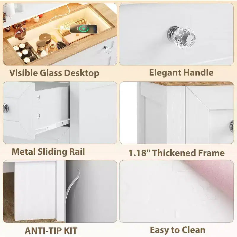 Commode blanche avec miroir - Station de charge et bande LED, meuble à 4 tiroirs avec poignées en cristal, coiffeuse moderne pour chambre à coucher