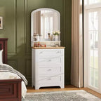 Commode blanche avec miroir - Station de charge et bande LED, meuble à 4 tiroirs avec poignées en cristal, coiffeuse moderne pour chambre à coucher