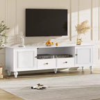 MAYEERTY Meuble TV moderne avec compartiment ouvert, 2 tiroirs, 2 armoires et 5 pieds solides pour salon, blanc
