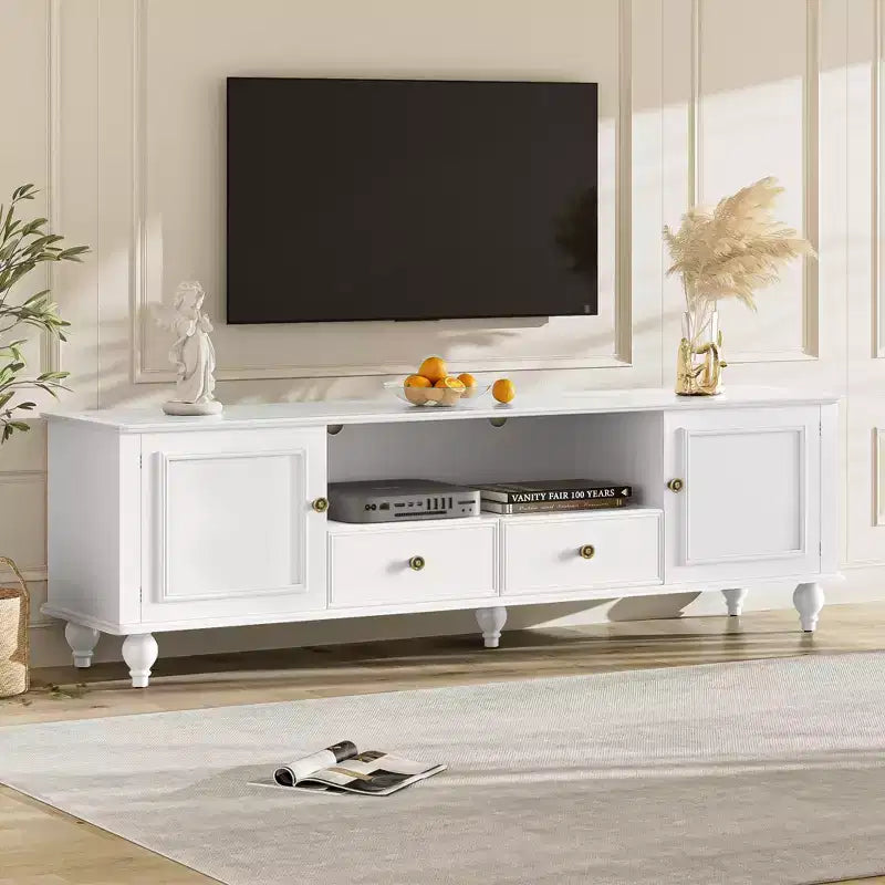 MAYEERTY Meuble TV moderne avec compartiment ouvert, 2 tiroirs, 2 armoires et 5 pieds solides pour salon, blanc