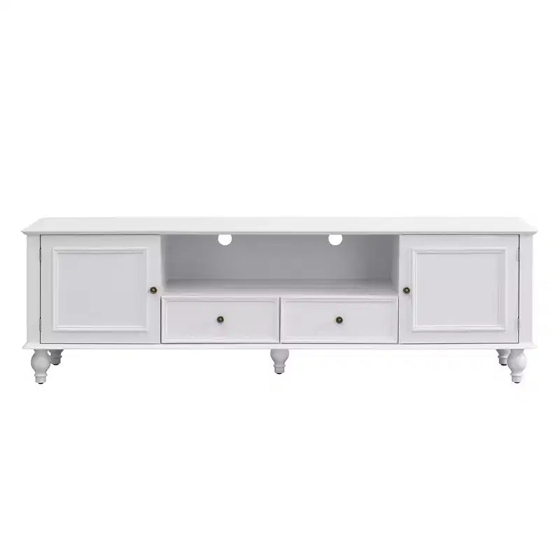 MAYEERTY Meuble TV moderne avec compartiment ouvert, 2 tiroirs, 2 armoires et 5 pieds solides pour salon, blanc