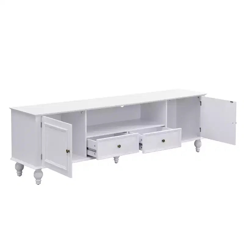 MAYEERTY Meuble TV moderne avec compartiment ouvert, 2 tiroirs, 2 armoires et 5 pieds solides pour salon, blanc