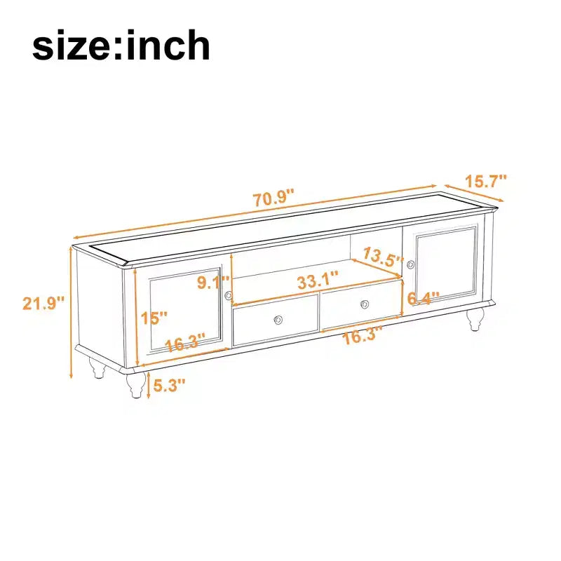 MAYEERTY Meuble TV moderne avec compartiment ouvert, 2 tiroirs, 2 armoires et 5 pieds solides pour salon, blanc