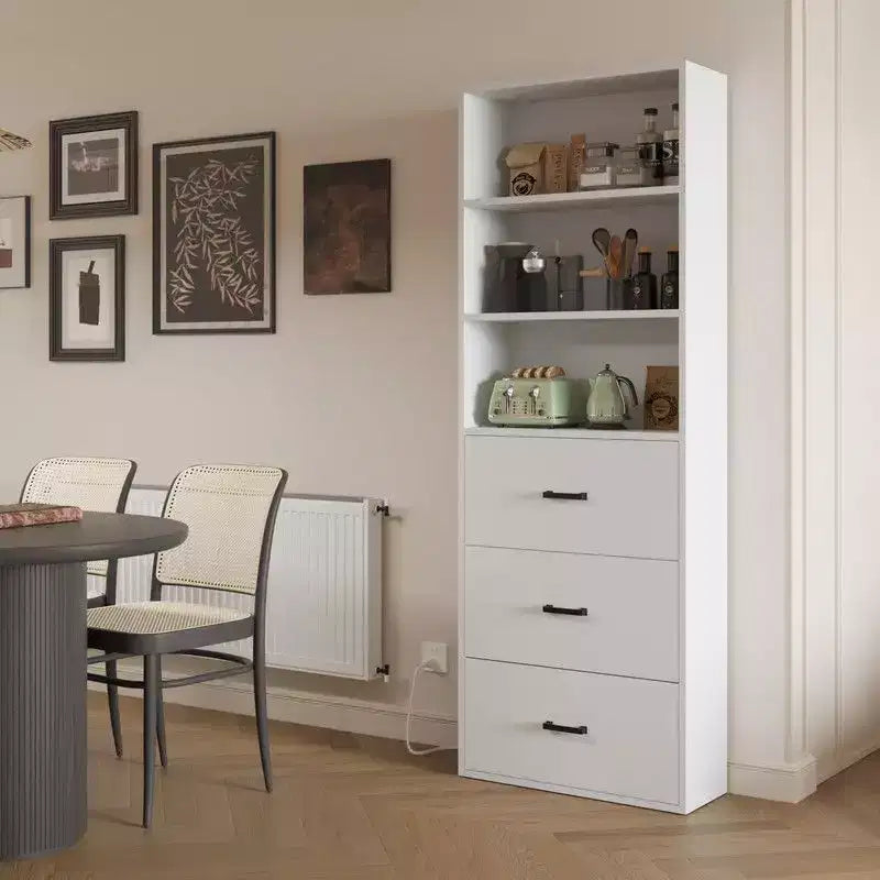 Vitrine d'exposition blanche Karl Home avec 3 étagères, 3 tiroirs, 2 ports USB, 2 prises de courant, 180 cm de haut.