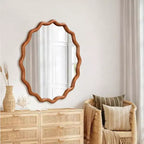 MAYEERTY Miroir Rond Ondulé de 91 cm, Cadre en Bois Massif, Miroir Décoratif pour Chambre à Coucher, Salle de Bain, Salon, Marron