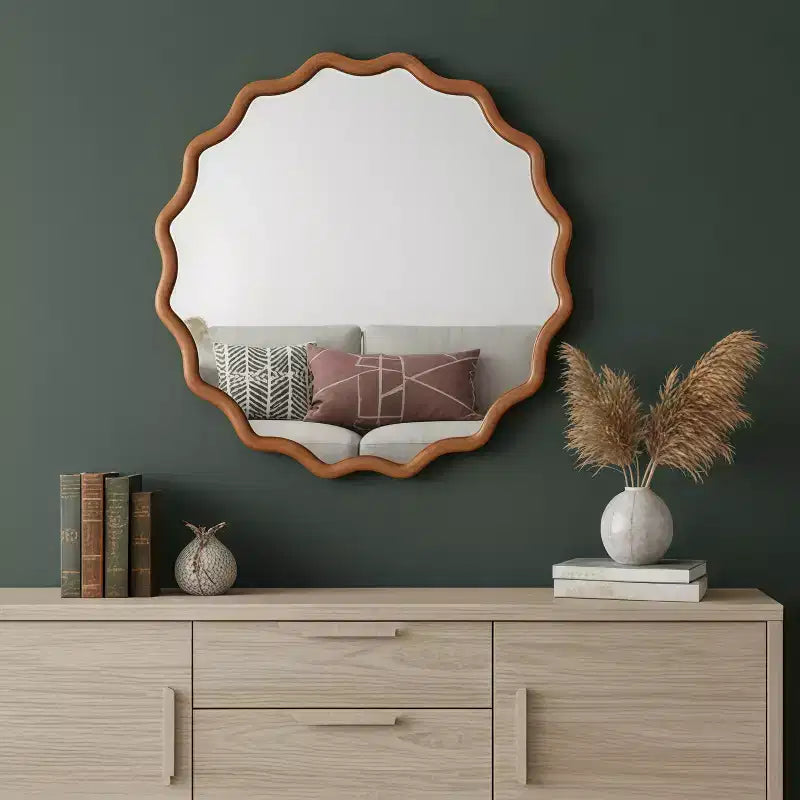 MAYEERTY Miroir Rond Ondulé de 91 cm, Cadre en Bois Massif, Miroir Décoratif pour Chambre à Coucher, Salle de Bain, Salon, Marron