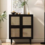 4-Door Rattan Mesh Storage Cabinet, 8-Shelf Sideboard with Diamond Handles for Entryway/Living Room Storage, Natural/Black/Gray - ModernLuxe