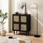 Buffet de rangement 4 portes en maille de rotin, armoire latérale 8 étagères avec poignées diamant pour entrée/salon, naturel/noir/gris - ModernLuxe