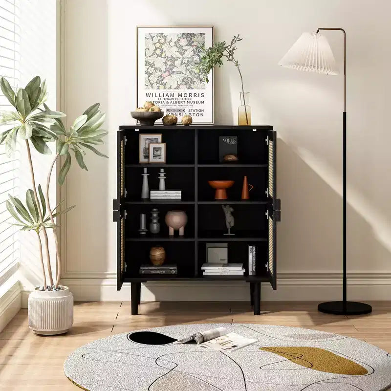 Buffet de rangement 4 portes en maille de rotin, armoire latérale 8 étagères avec poignées diamant pour entrée/salon, naturel/noir/gris - ModernLuxe