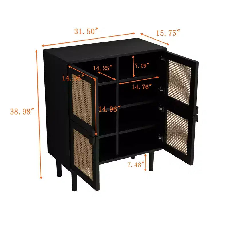 Buffet de rangement 4 portes en maille de rotin, armoire latérale 8 étagères avec poignées diamant pour entrée/salon, naturel/noir/gris - ModernLuxe