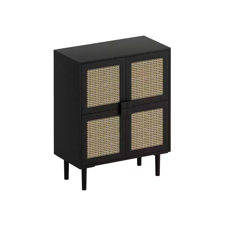 Buffet de rangement 4 portes en maille de rotin, armoire latérale 8 étagères avec poignées diamant pour entrée/salon, naturel/noir/gris - ModernLuxe