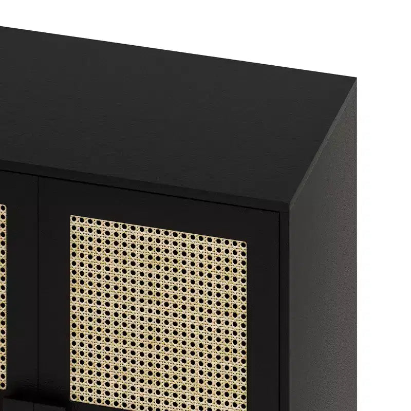 Buffet de rangement 4 portes en maille de rotin, armoire latérale 8 étagères avec poignées diamant pour entrée/salon, naturel/noir/gris - ModernLuxe