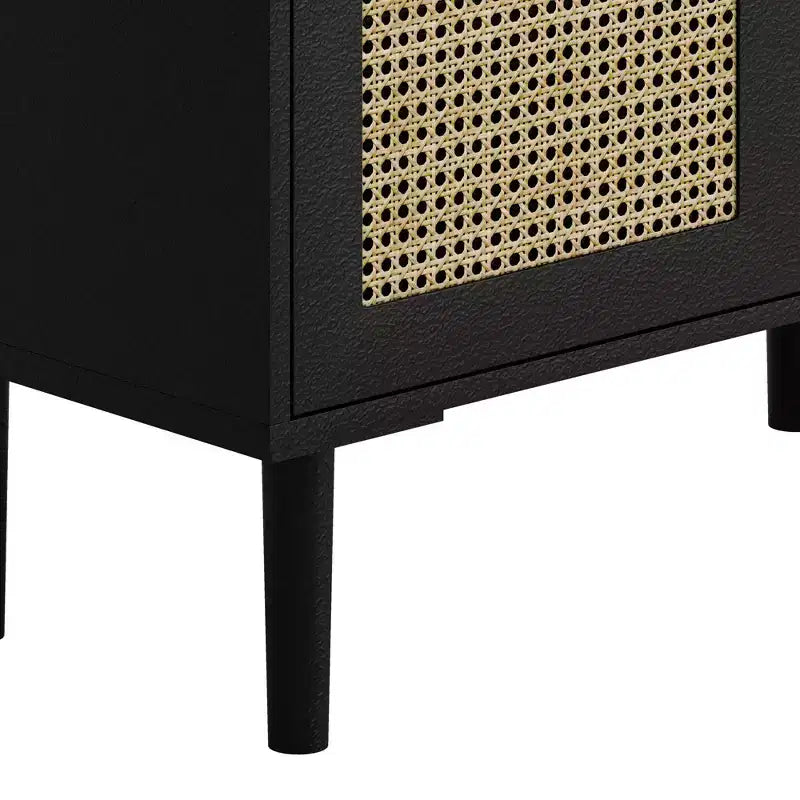 Buffet de rangement 4 portes en maille de rotin, armoire latérale 8 étagères avec poignées diamant pour entrée/salon, naturel/noir/gris - ModernLuxe
