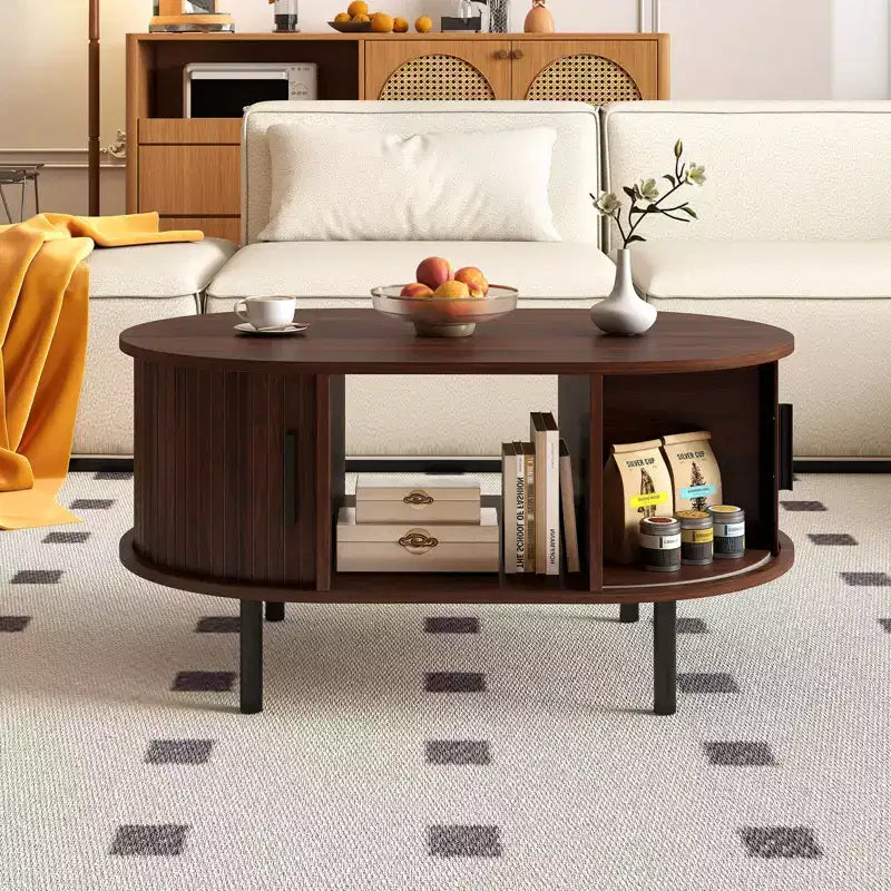 Table basse ovale Costway avec rangement, portes coulissantes à tambour, compartiment ouvert