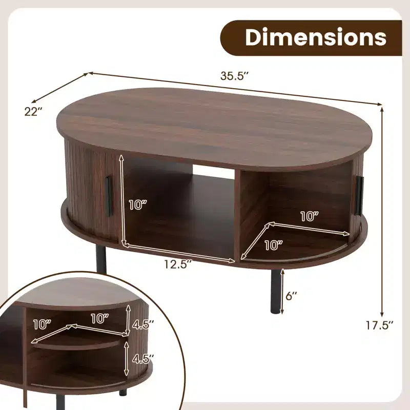 Table basse ovale Costway avec rangement, portes coulissantes à tambour, compartiment ouvert