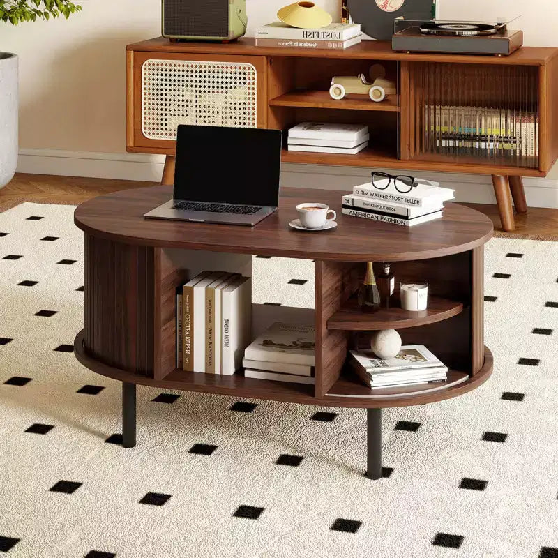 Table basse ovale Costway avec rangement, portes coulissantes à tambour, compartiment ouvert