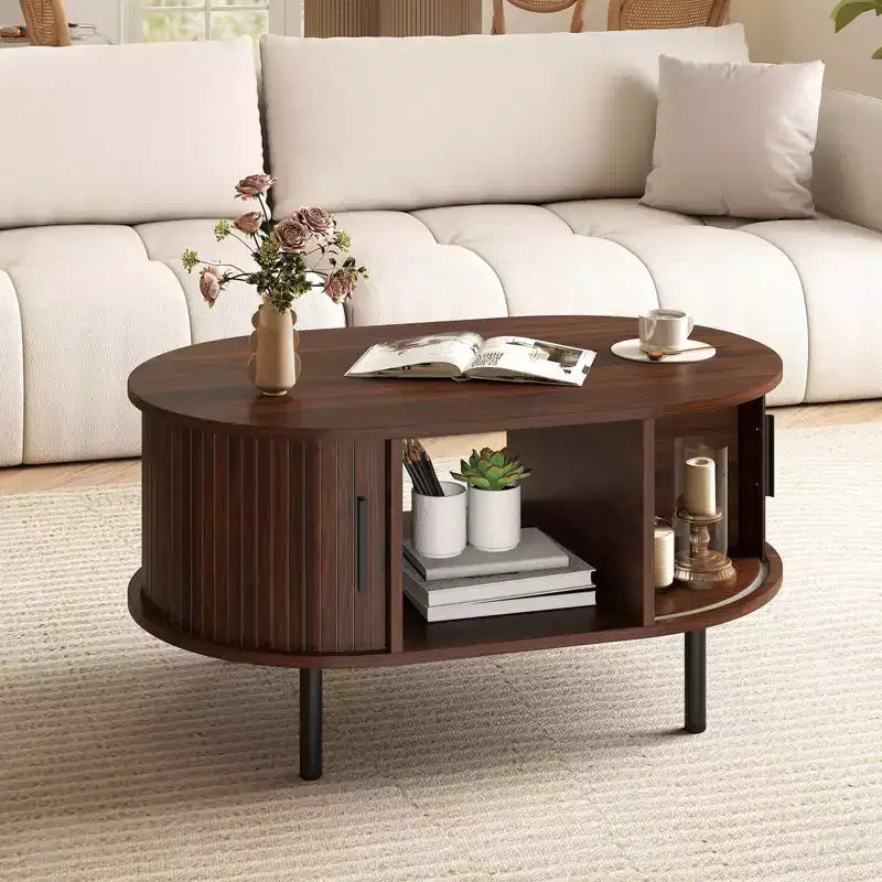 Table basse ovale Costway avec rangement, portes coulissantes à tambour, compartiment ouvert
