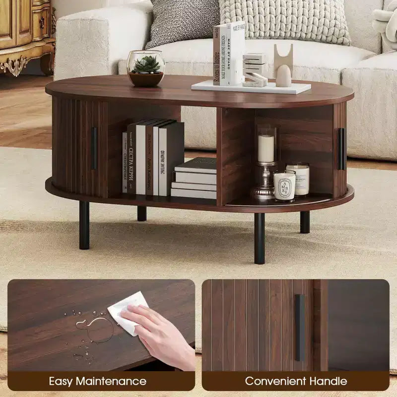 Table basse ovale Costway avec rangement, portes coulissantes à tambour, compartiment ouvert
